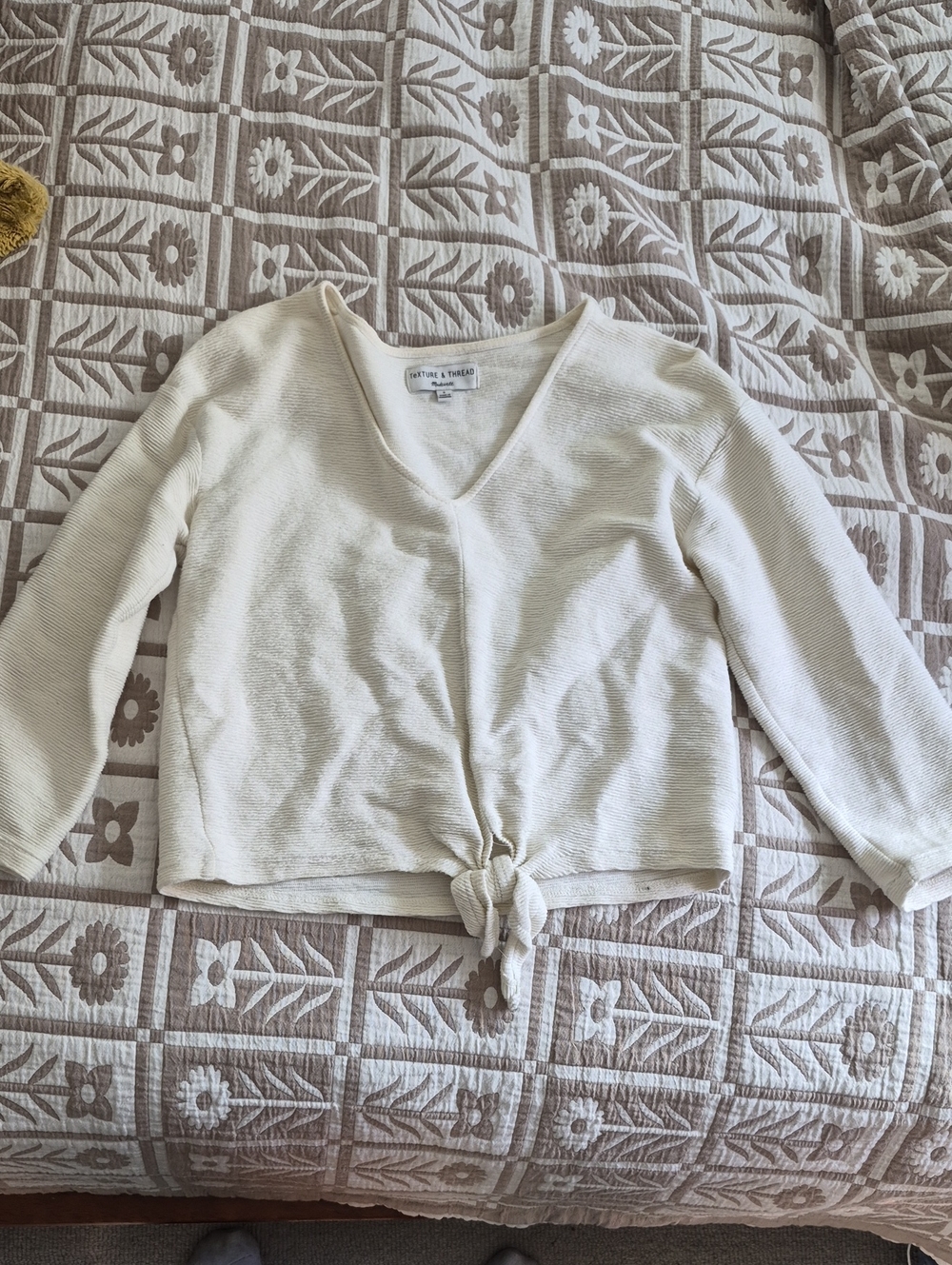 Madewell Cream V-Neck Knot-Front Sweatshirt